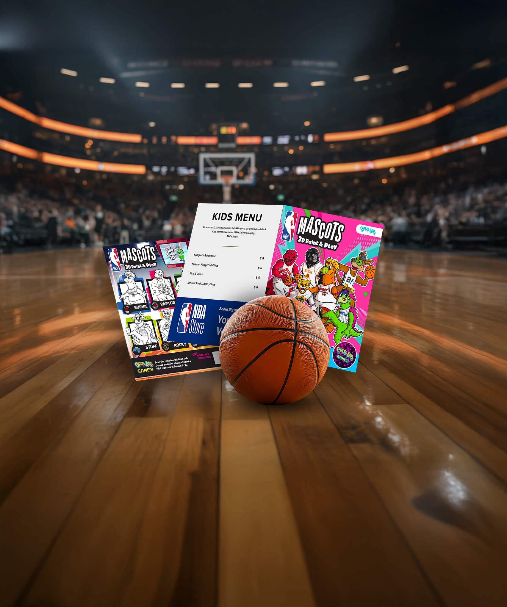 NBA branded kids menu featuring basketball themed games and activities